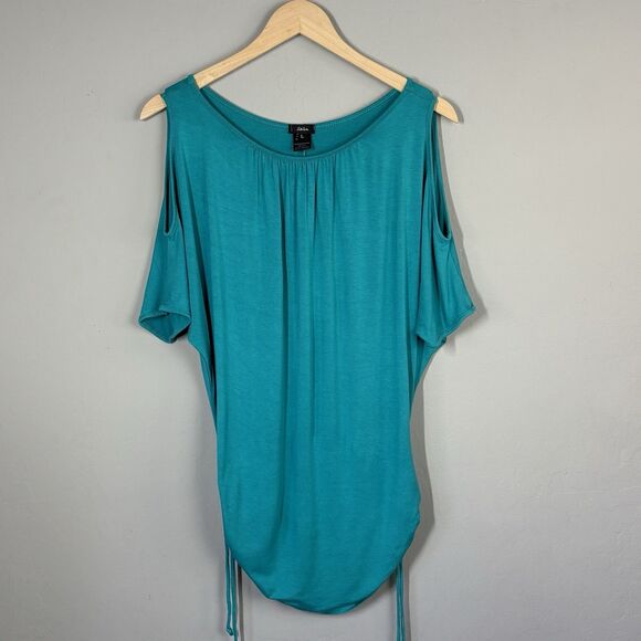 Storm Tops - Vintage Y2K 2000s Top Women L Turquoise Blue Drape Stretch Office Siren USA Made